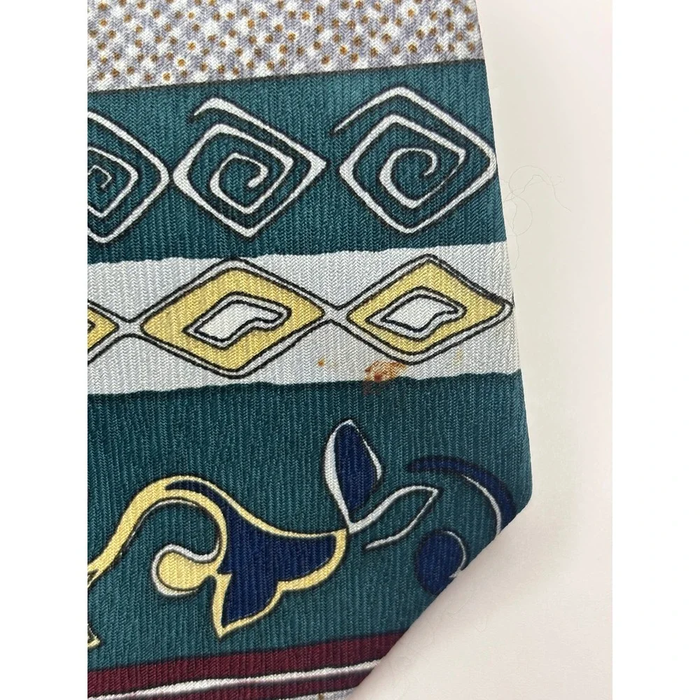Master-Man Vintage Hand Made Necktie Teal Burgundy Geometric Abstract Pattern